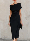 FJØRNA black asymmetric one-shoulder midi dress, elegant cocktail dress with a modern asymmetrical design and fitted silhouette.