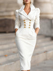 FJØRNA blue double-breasted structured denim midi dress with long sleeves and tailored fit, ideal for stylish occasions
