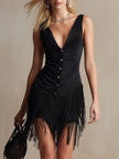 FJØRNA black faux suede V-neck mini dress, casual style, close-up showing the soft fabric and V-neck design.