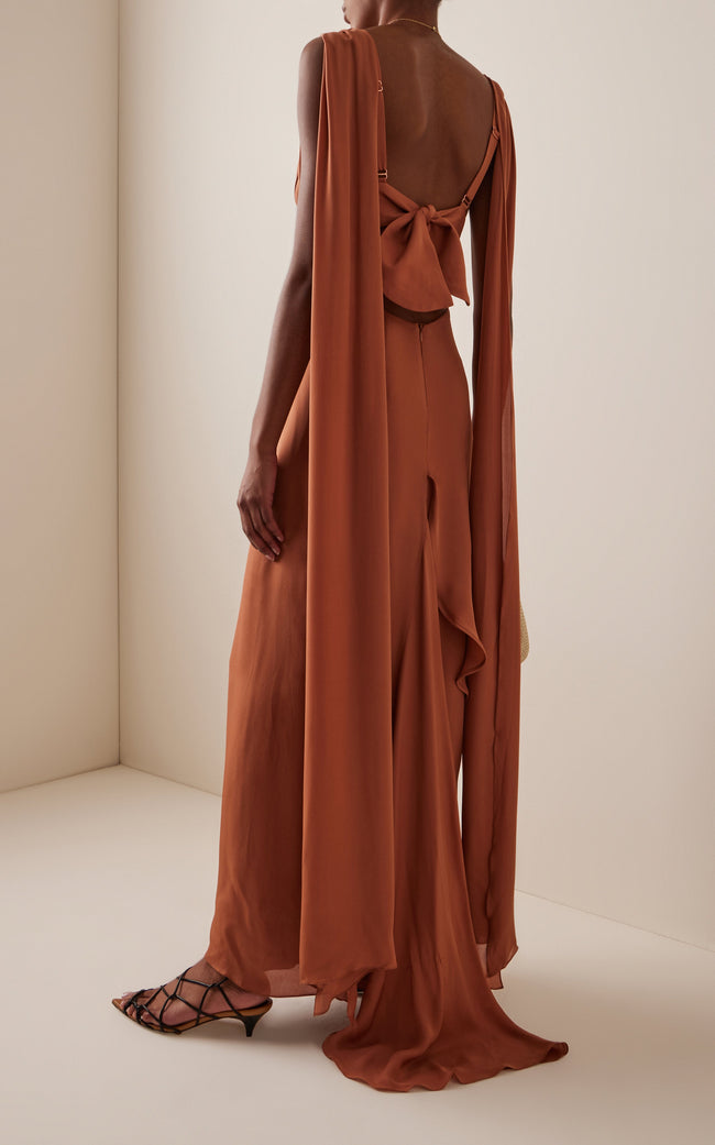 FJØRNA Ocean Mysteries draped maxi dress in flowing fabric with ocean-inspired print, elegant and comfortable for summer wear.