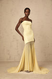 FJØRNA yellow off-shoulder sheer tulle maxi dress for women, elegant evening dress with flowing fabric and off-shoulder design.