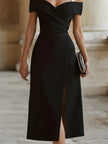 White off-shoulder midi dress with pearl straps by FJØRNA, elegant cocktail dress styled for formal occasions
