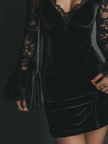 FJØRNA velvet mini dress, elegant evening dress in deep red with long sleeves and fitted silhouette, perfect for special occasions.