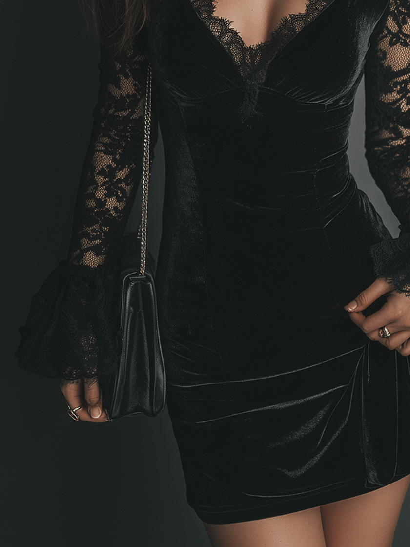 FJØRNA velvet mini dress, elegant evening dress in deep red with long sleeves and fitted silhouette, perfect for special occasions.