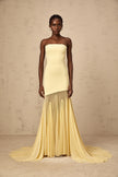 FJØRNA yellow off-shoulder sheer tulle maxi dress for women with flowing silhouette and elegant design.