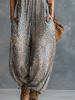 FJØRNA women's apricot leopard print hooded chiffon jumpsuit with pants, stylish and lightweight for casual wear.