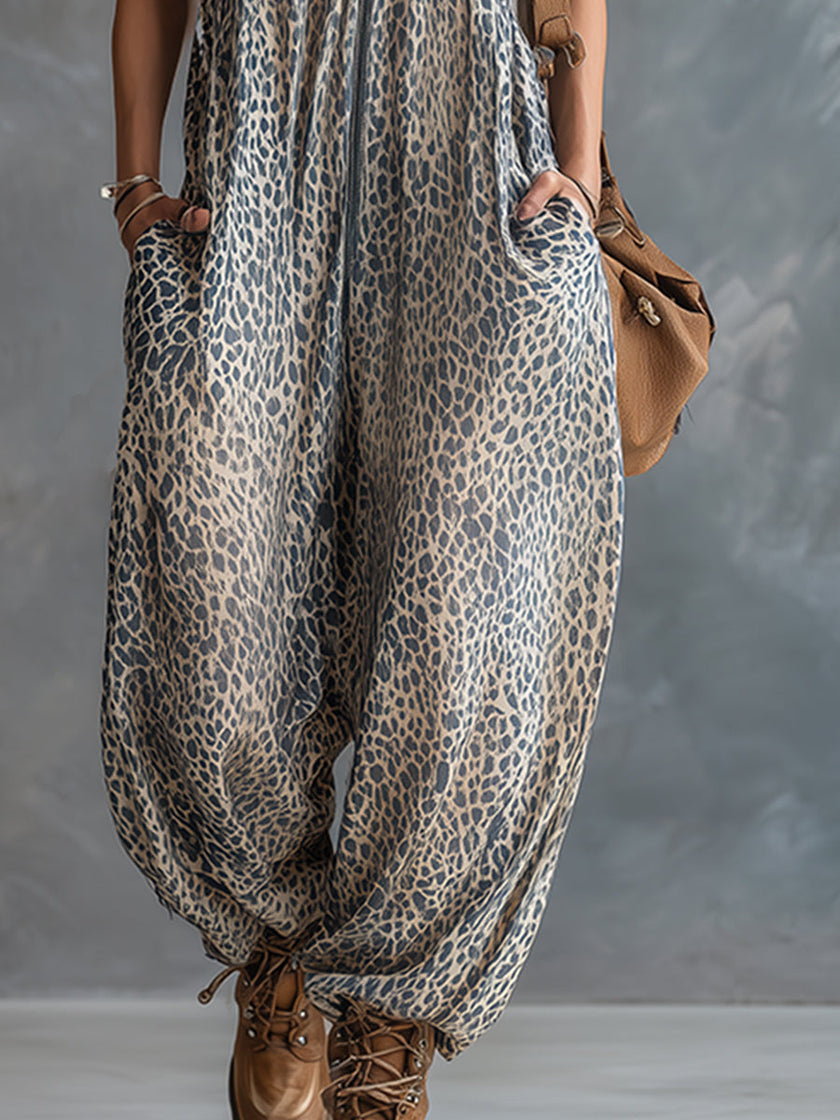 FJØRNA women's apricot leopard print hooded chiffon jumpsuit with pants, stylish and lightweight for casual wear.
