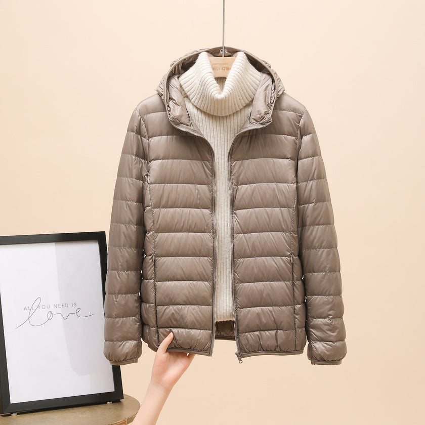 Quilted Jacket Women Hooded Zip Front Slim Cropped