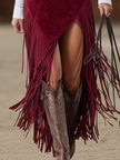 Red faux suede slit midi dress by FJØRNA, casual dress with a stylish slit, shown on a model.