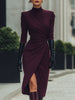 FJØRNA deep burgundy draped wrap midi dress, summer business dress with elegant flowy fabric and sophisticated style.