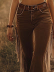 FJØRNA women's brown Western fringe flared jeans with distressed details and wide-leg style, showcasing fashionable denim pants.