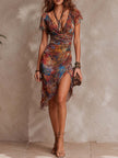FJØRNA ruched midi desert dress with a casual, relaxed fit and earthy tones, perfect for everyday wear.