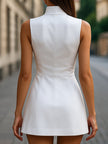 FJØRNA gold satin high-collar sheath dress for summer business occasions, featuring a fitted silhouette and elegant design.