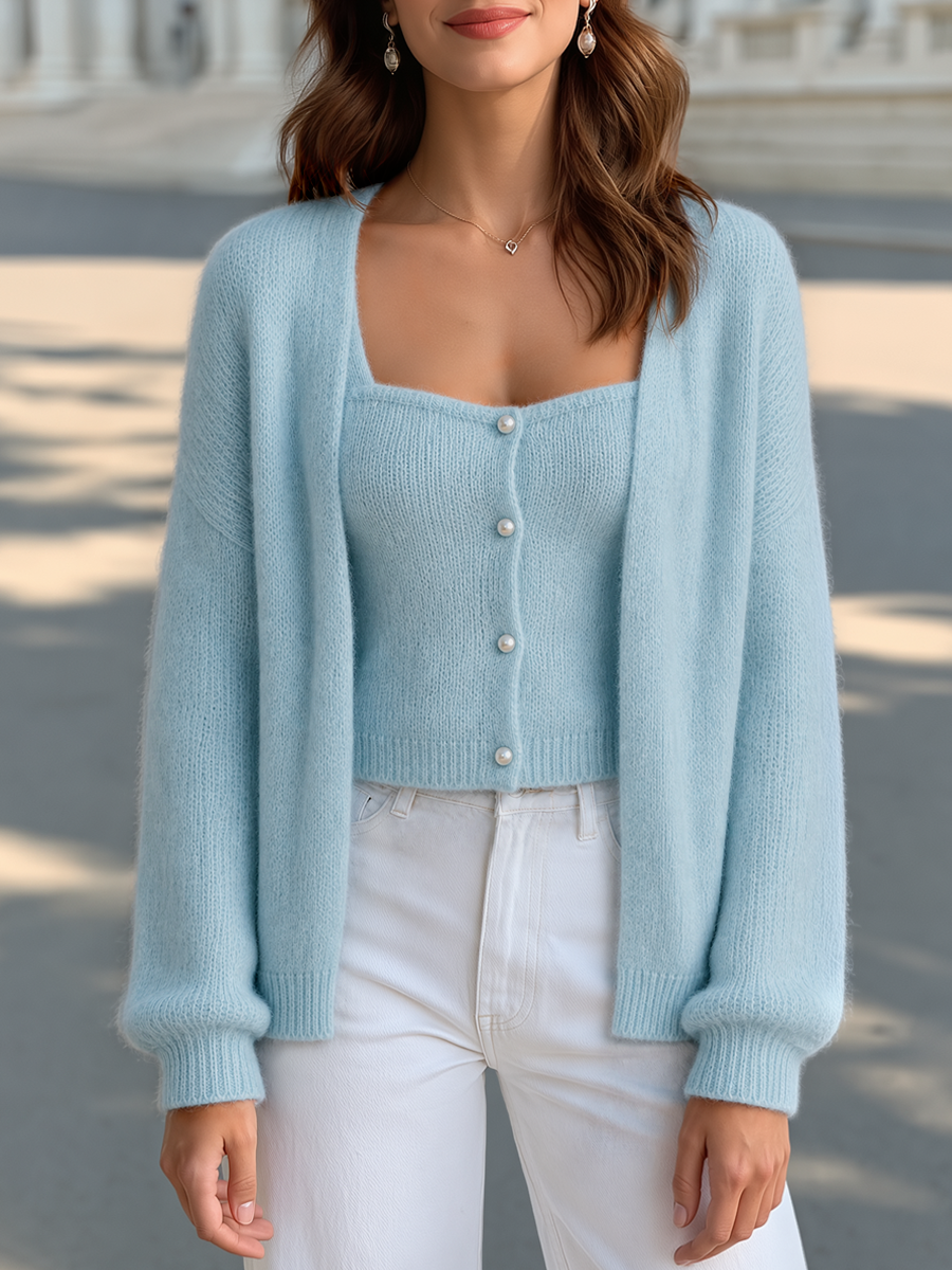 Fuzzy Mohair-Blend Knit Cami and Cardigan Set with Pearl Buttons for Women