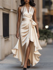 FJØRNA navy satin halter gown with ruffle details, elegant black tie dress perfect for formal events