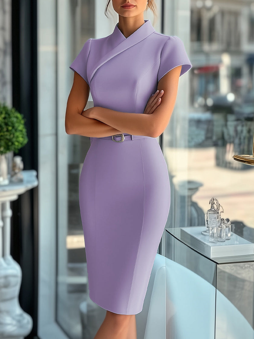 Sky blue asymmetric belted cocktail dress by FJØRNA, featuring a stylish design and elegant silhouette.