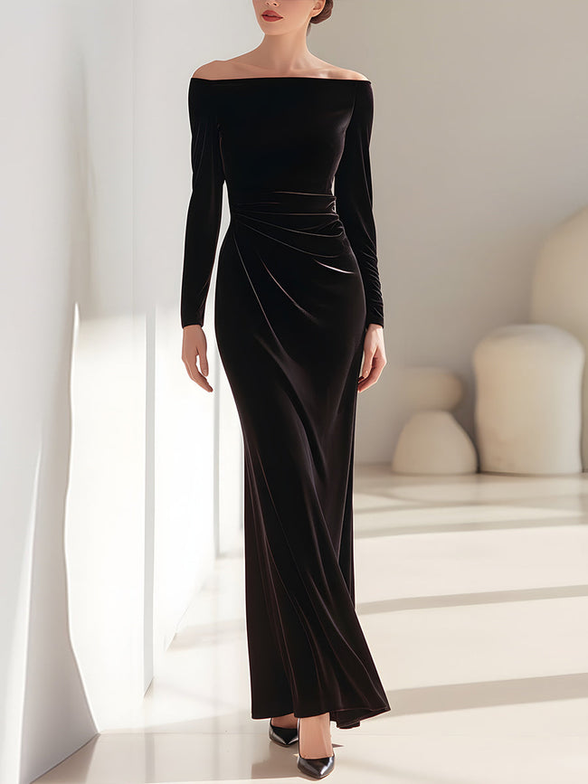 FJØRNA off-shoulder velvet mermaid gown for women, elegant velvet dress with fitted silhouette and off-shoulder neckline.
