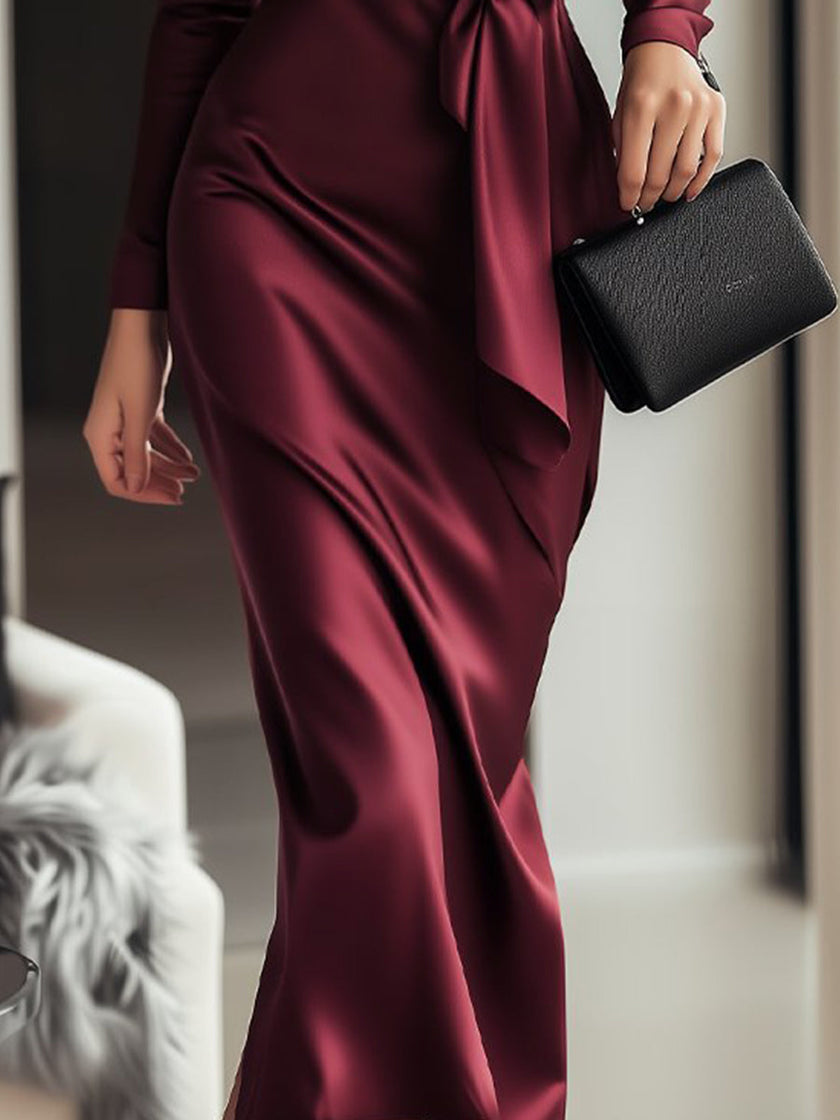 FJØRNA burgundy satin wrap midi dress for summer, featuring a stylish and elegant design perfect for business or casual wear.