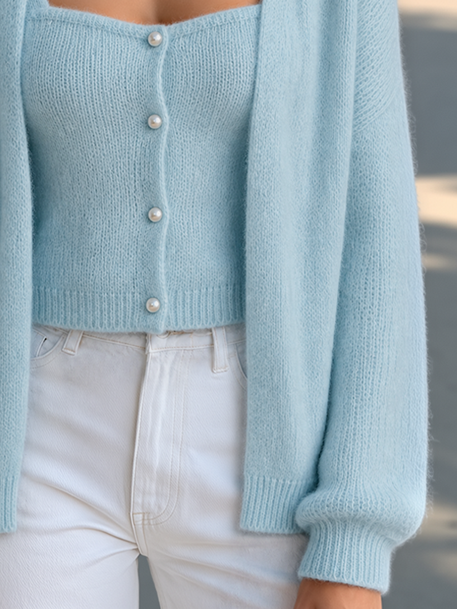 Fuzzy Mohair-Blend Knit Cami and Cardigan Set with Pearl Buttons for Women