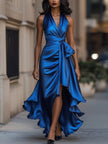 FJØRNA navy satin halter ruffle gown, elegant black tie dress with flowing fabric and stylish ruffle details, perfect for formal events.