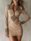 Red suede embroidered mini dress for women by FJØRNA, featuring detailed embroidery and a stylish mini length.