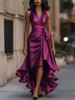 FJØRNA navy satin halter gown with ruffle details, elegant black tie dress perfect for formal events