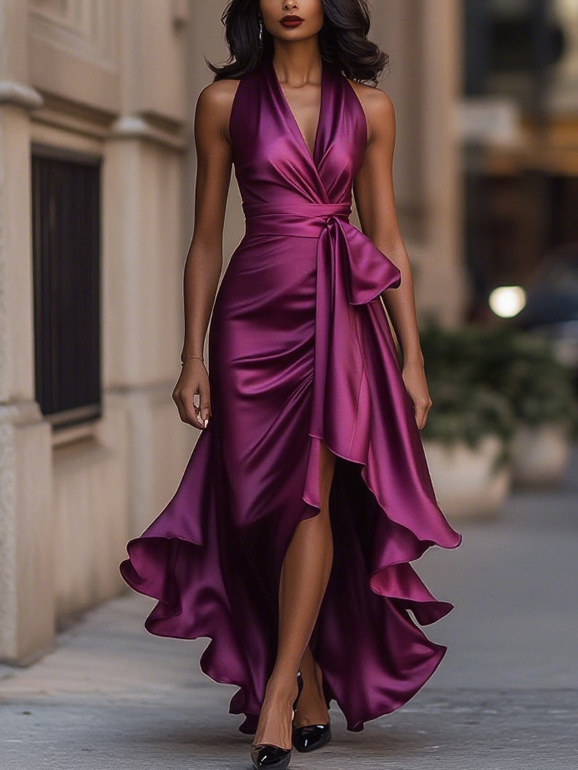 FJØRNA navy satin halter gown with ruffle details, elegant black tie dress perfect for formal events