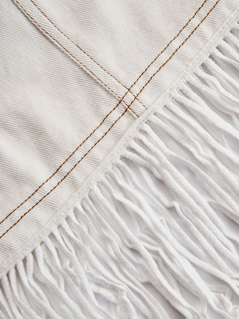 FJØRNA denim tassel mini dress for women, showcasing a stylish sleeveless dress with tassel details and a fitted silhouette.