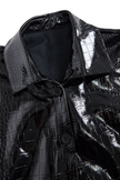 Black crocodile-texture glossy sleeveless leather shirt for women, stylish FJØRNA leather dress top with a sleek, shiny finish.