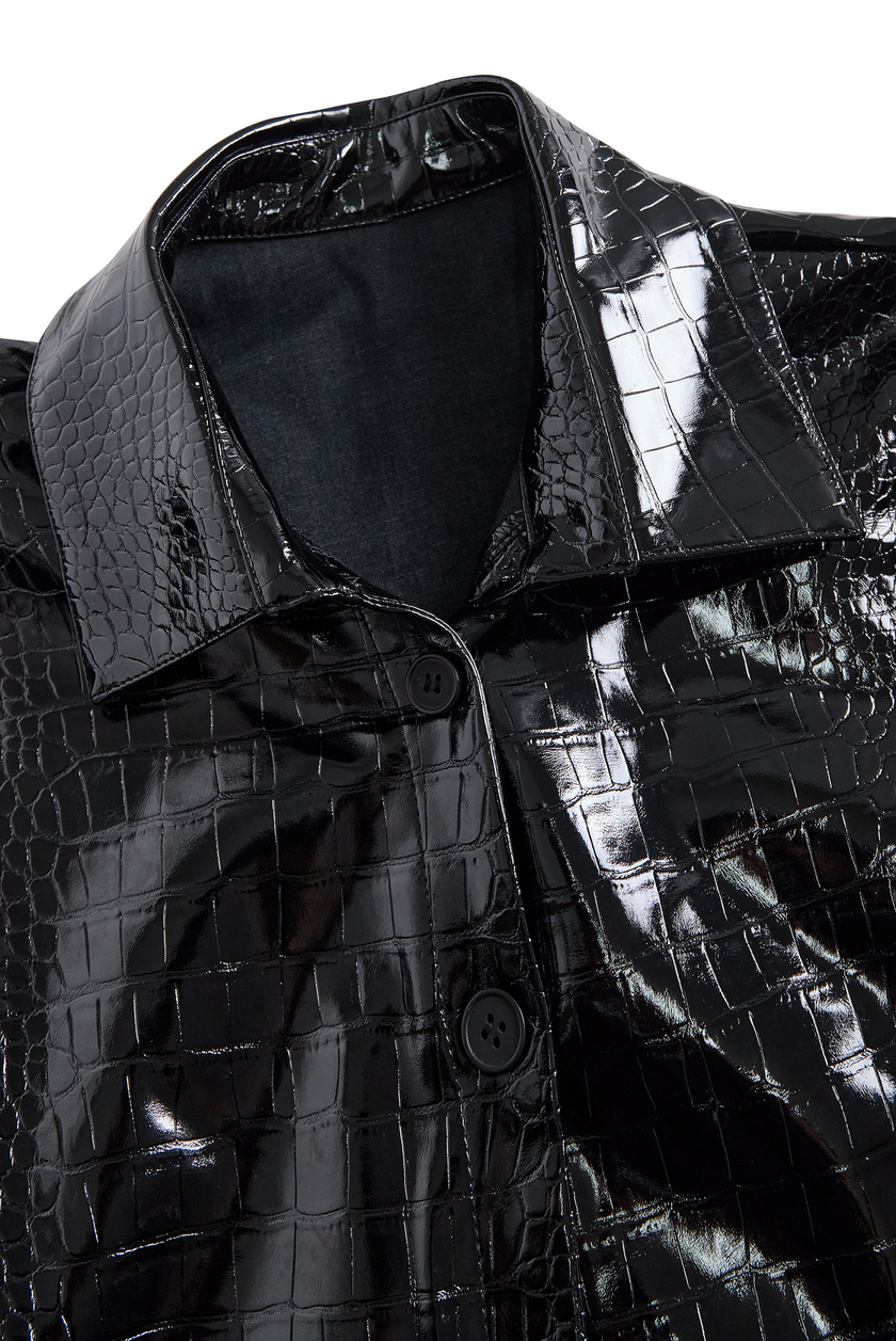 Black crocodile-texture glossy sleeveless leather shirt for women, stylish FJØRNA leather dress top with a sleek, shiny finish.