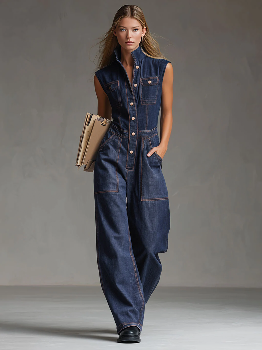 Dark blue denim women's sleeveless balloon jumpsuit with multiple pockets, featuring a stylish and comfortable fit from FJØRNA.