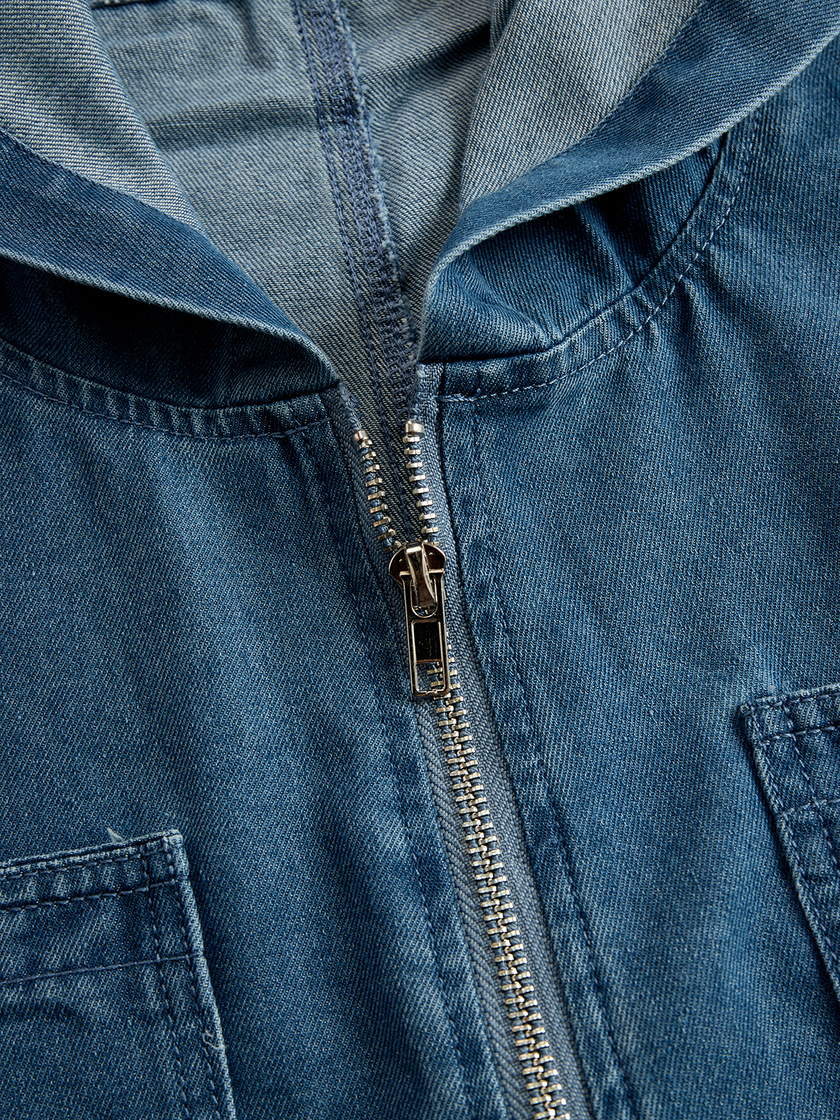 FJØRNA women's casual loose retro denim jumpsuit with long sleeves, hood, zipper, and front pockets, styled as pants.