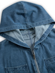 FJØRNA women's casual loose retro pocket long sleeve hooded zipper denim jumpsuit, front view showing relaxed fit and utility pockets.