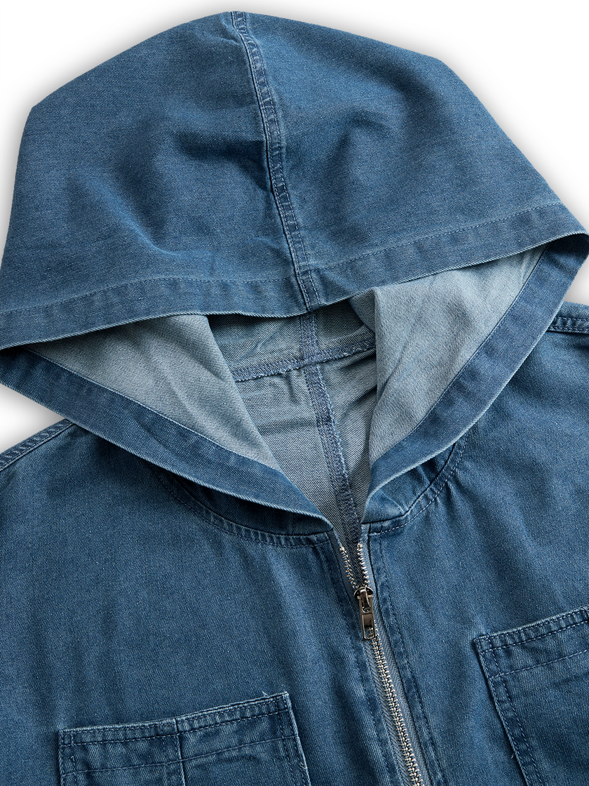 FJØRNA women's casual loose retro pocket long sleeve hooded zipper denim jumpsuit, front view showing relaxed fit and utility pockets.