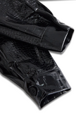 FJØRNA black crocodile-texture glossy sleeveless leather shirt for women, stylish leather top with a sleek, shiny finish.