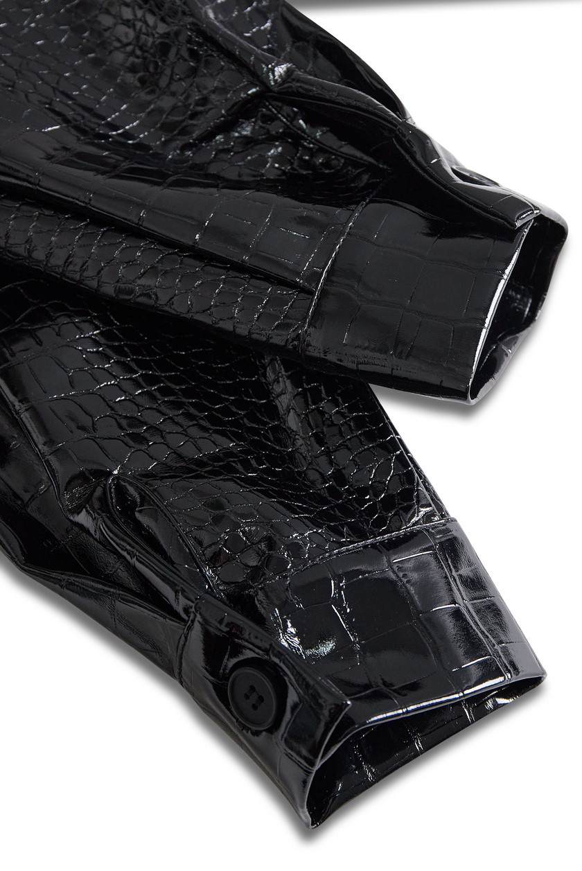 FJØRNA black crocodile-texture glossy sleeveless leather shirt for women, stylish leather top with a sleek, shiny finish.