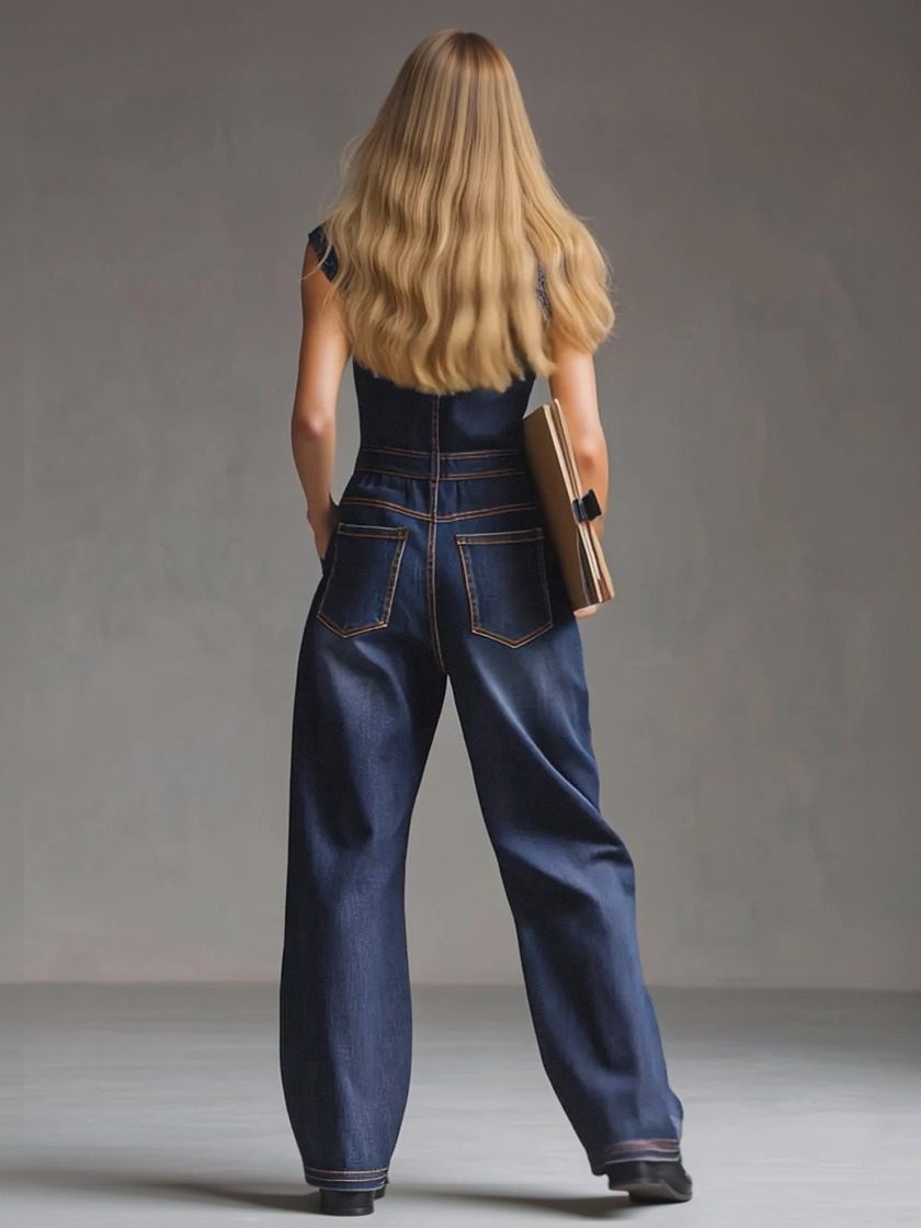 Dark blue denim FJØRNA women's sleeveless balloon jumpsuit with multi-pocket design and relaxed fit.