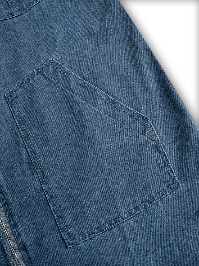 FJØRNA women's denim jumpsuit with long sleeves, hood, zipper, and retro pocket design, casual loose fit pants.