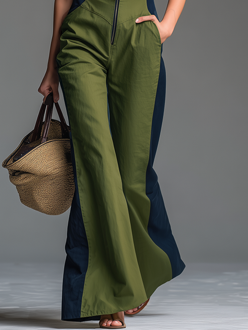 FJØRNA green sleeveless jumpsuit with stand collar and zip-up front, women's casual pants, front view showing fit and design.