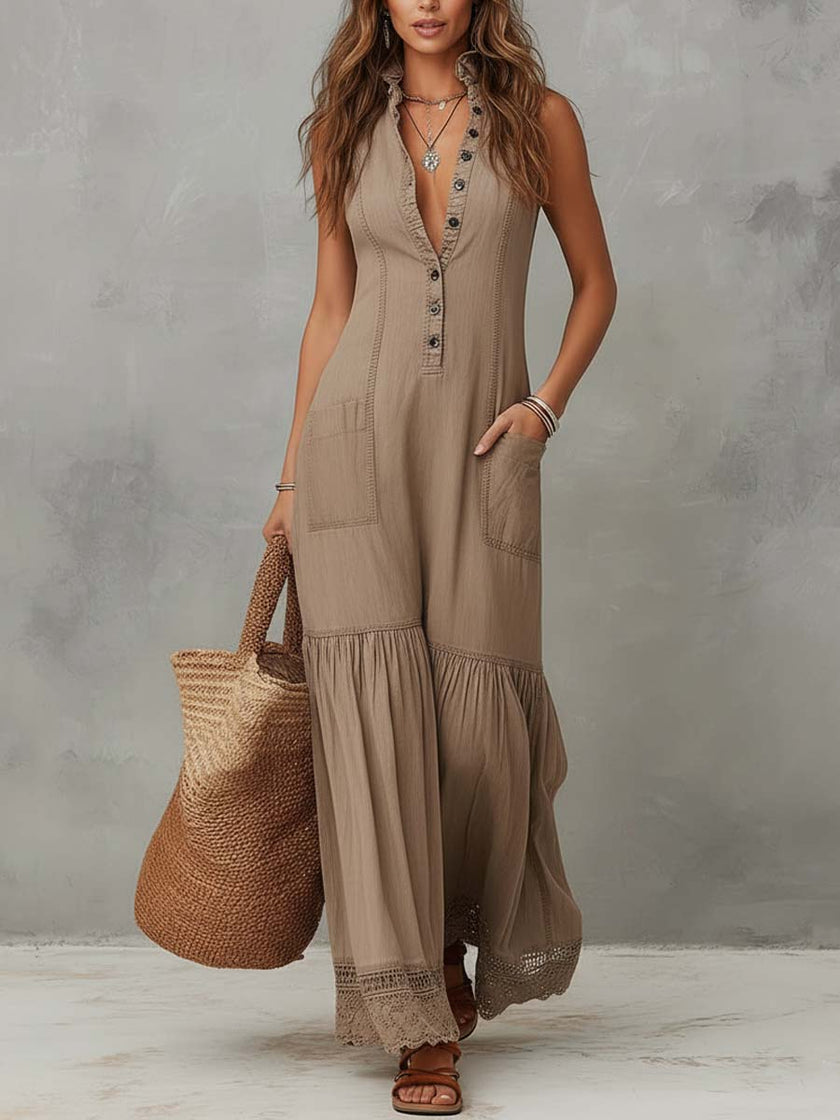 FJØRNA khaki cotton sleeveless maxi dress for women, flowing dress with a relaxed fit and elegant design, shown in image 1.jpg26.jpg