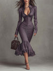 Dusty mauve lace ruched midi dress by FJØRNA featuring elegant evening dress design and intricate lace details.