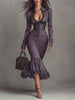 Dusty mauve lace ruched midi dress by FJØRNA featuring elegant evening dress design and intricate lace details.
