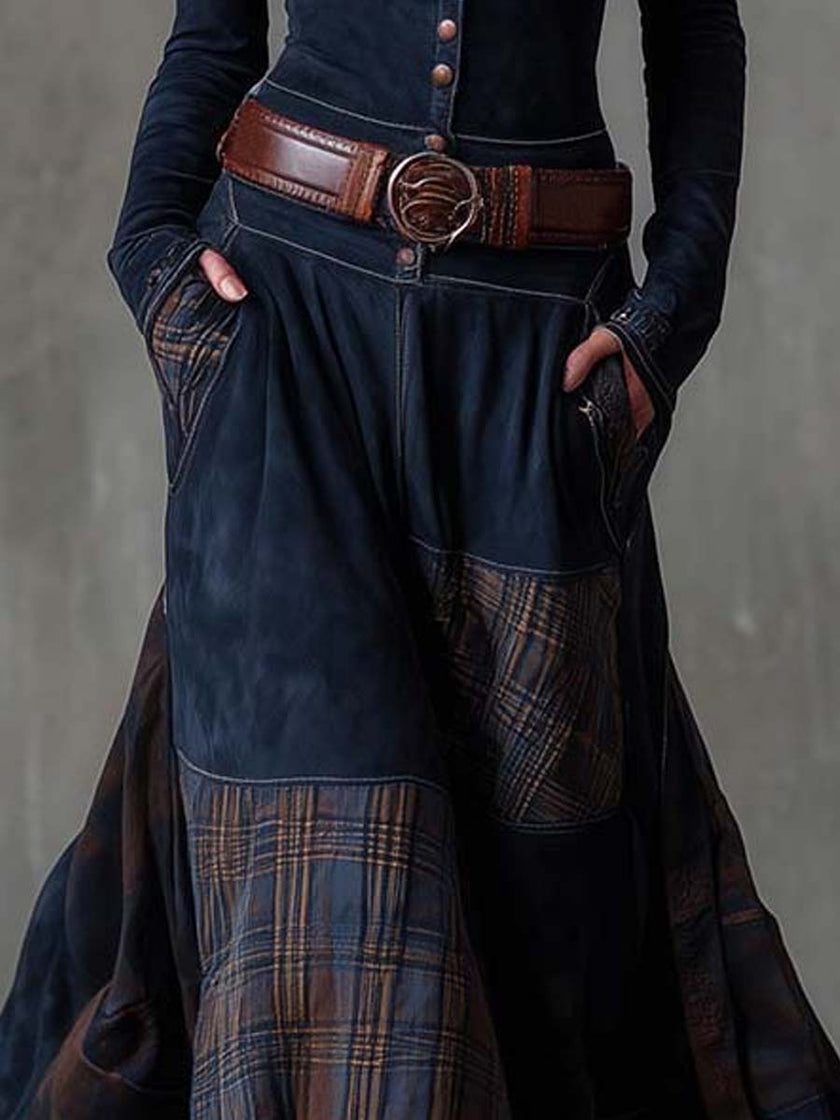 FJØRNA suede patchwork maxi dress for women, flowing design with mixed suede panels, full-length dress shown in image 2.jpg