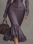 Dusty mauve lace ruched midi dress by FJØRNA, featuring elegant evening dress design with intricate lace details and a fitted silhouette.