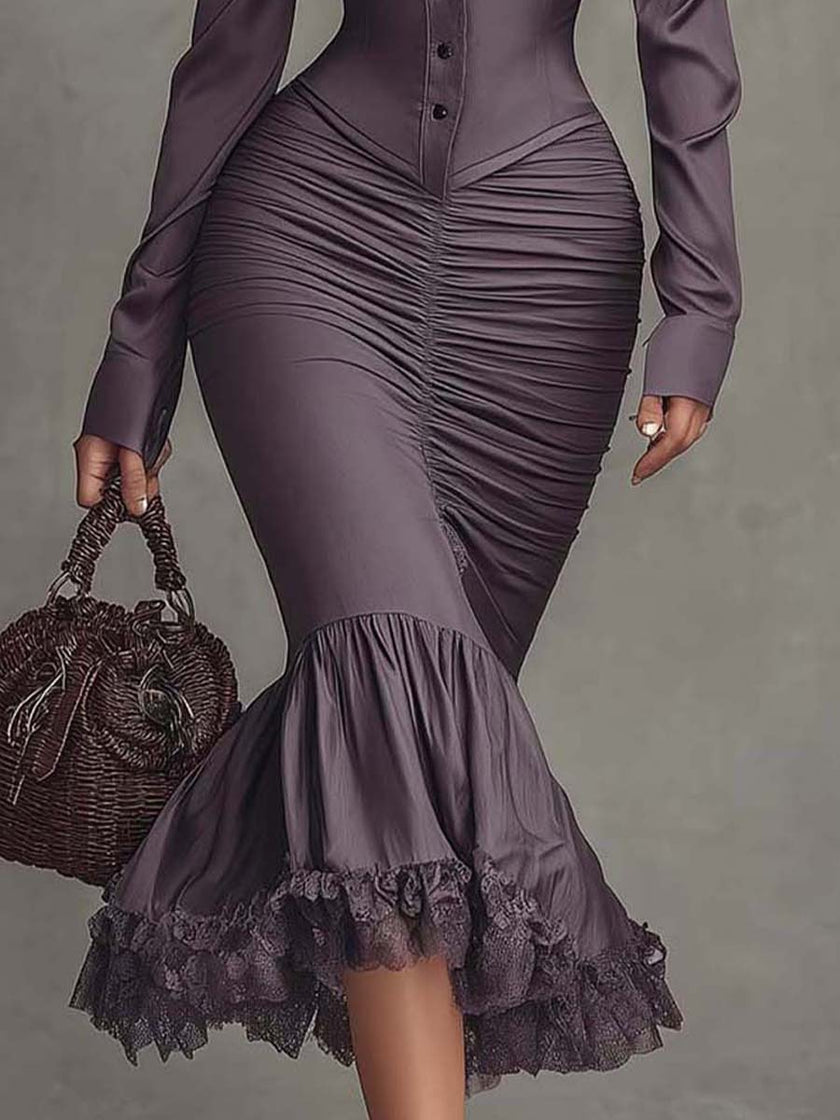 Dusty mauve lace ruched midi dress by FJØRNA featuring elegant evening dress design with intricate lace details.