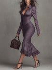Dusty mauve lace ruched midi dress by FJØRNA, elegant evening dress with intricate lace details and fitted ruched design.