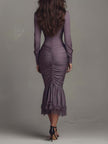 Dusty mauve lace ruched midi dress by FJØRNA, featuring elegant lace details and a fitted ruched silhouette, perfect for evening wear.