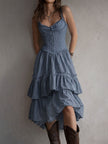FJØRNA retro boho corset tiered midi dress with lace trim, featuring flowing fabric and vintage-inspired design.