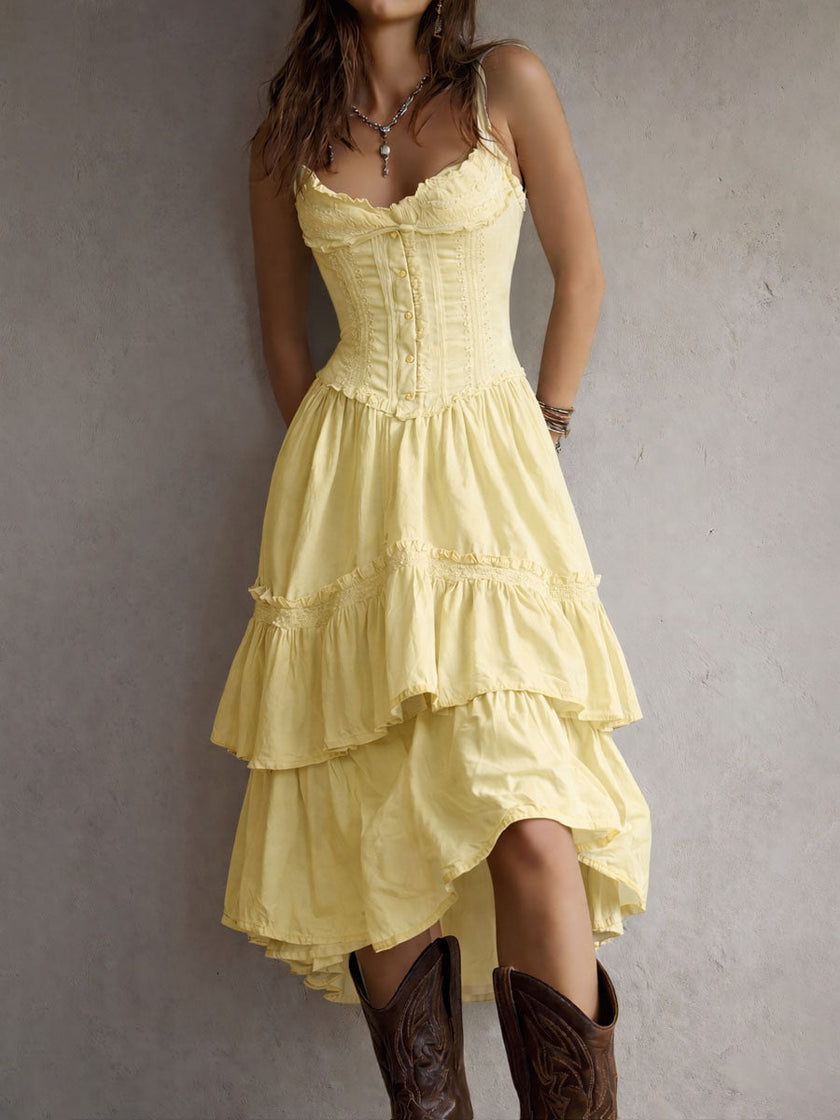 FJØRNA retro boho midi dress with corset style, tiered design, lace-trim details, perfect for vintage-inspired fashion.