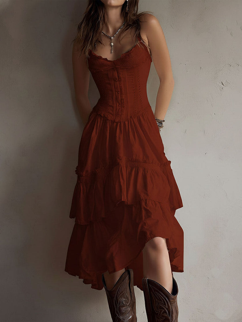 FJØRNA Retro Boho Corset Tiered Midi Dress with lace trim, featuring a vintage-inspired design and layered fabric details.